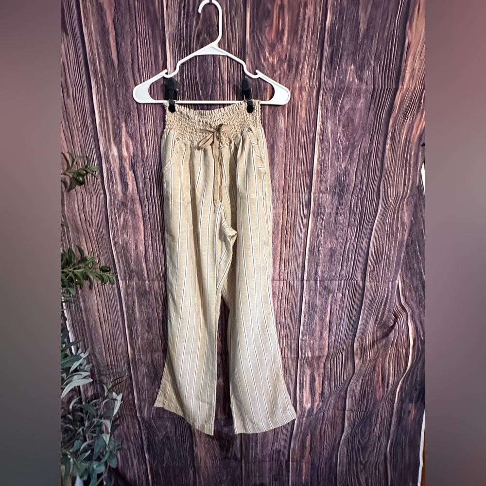 Beige linen type Striped Wide-Leg Pants